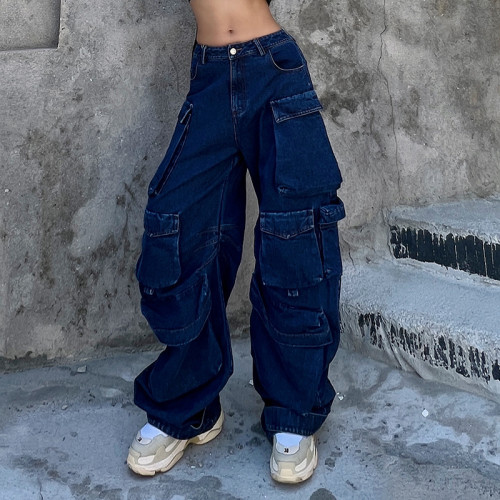 Personalized patchwork denim pants, spring new fashionable high waisted large pocket loose casual wide leg pants for women's clothing