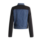 Spring new fashionable retro jacket top design with contrasting color patchwork long sleeved short denim jacket for women