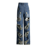 Personalized and fashionable jeans, spring new versatile and distressed design, worn out straight leg long wide leg pants for women