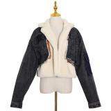 Twenty no confusion, Liang Shuang, same style new plush and thick denim patchwork lamb wool lapel cotton jacket for women