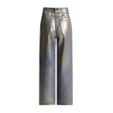 Street trendsetters with hot stamping design feel, high waisted straight leg jeans, women's new vintage trend wide leg pants