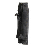 Spring New Street Trend Detachable Buckle Design with Irregular Jeans, High Waist, Slimming Long Pants