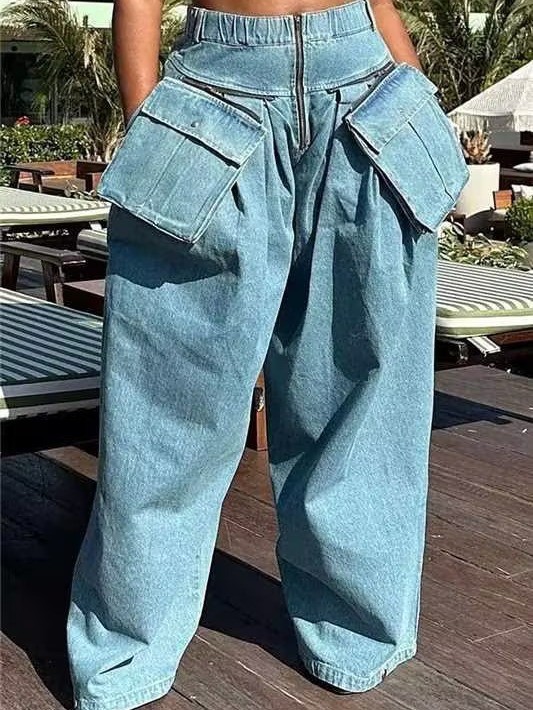 Spring New Fashion High Waist Large Pocket Decorative Wide Leg Pants Loose Design Long denim for Women