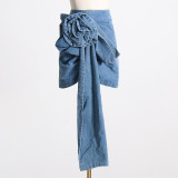 Spring New 3D Rose Decoration Design Sense High Waist Slim denim Skirt Women's A-line Wrapped Hip Skirt
