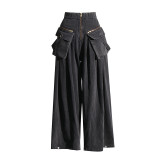 Spring New Fashion High Waist Large Pocket Decorative Wide Leg Pants Loose Design Long denim for Women