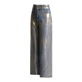 Street trendsetters with hot stamping design feel, high waisted straight leg jeans, women's new vintage trend wide leg pants
