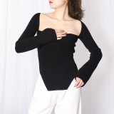 Xinji Sexy Knitted Bottom Shirt Women's Spring New Fashion Hem Irregular Side Split Knitted Sweater