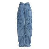 Spring and Autumn New Fashionable Smoke Grey Spliced Multi Pocket Workwear Pants Street Washed and Aged Long Wide Leg Pants