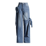 Spring New Retro Washed Old Spliced Bow Design with High Waist and Slim Straight Leg Jeans for Women