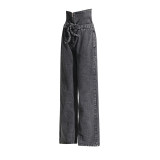 American retro ins style high waisted jeans, spring new loose straight leg high waisted slimming niche pants