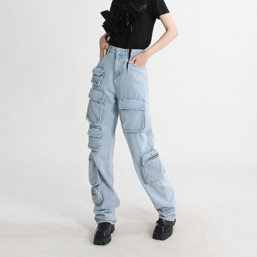 Personalized Street Wash Jeans 2024 Spring and Autumn New Workwear Multi Bag Splicing Loose and Fashionable Casual Long Pants