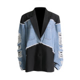 Spring New American Retro Contrast Panel Suit Design Feel Loose denim jacket Women's jacket Top