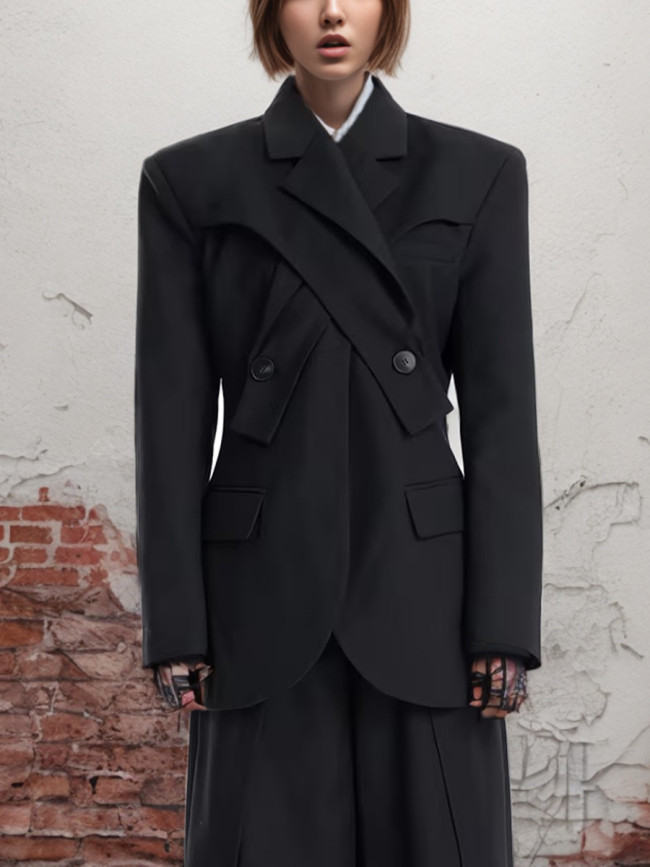 Spring new niche temperament commuting waist slimming black irregular cross necked women's suit jacket