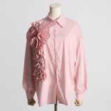 Spring new French fashion design sense splicing pleated three-dimensional flower versatile casual shirt long sleeved top