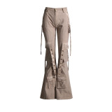 Spring New High Waist Loudspeaked Pants Work Style Slim Fit, Versatile Strap Decorative Floor Sweeping Casual Pants