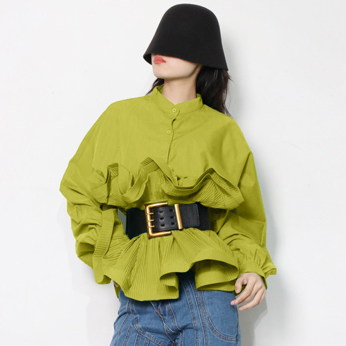 Fashionable versatile shirt for women in spring, new standing collar long sleeved pleated ruffle edge, careful machine tied top