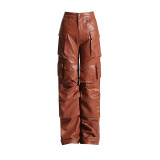 European and American fashion niche girl group members share the same style of multi pocket workwear leather pants, new personalized loose fitting workwear pants