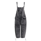 European and American style jumpsuit jeans for women, spring new loose version with large pocket design, personalized wide leg pants for women
