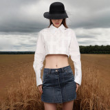 New Fashionable and Elegant Solid Color Stand up Neck, Irregular Splicing Design, Short Naked Shirt for Women