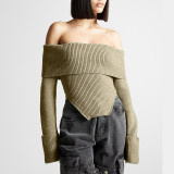 Spring New Fashion Style One Shoulder Slim Fit Long sleeved Knitted Shirt Women's Solid Color Off the Back Sweater