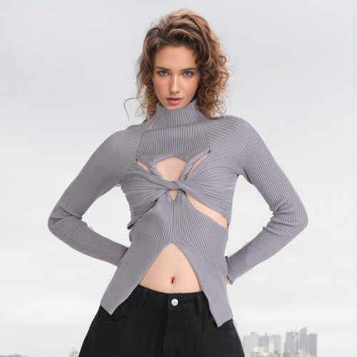Winter New Sexy Spicy Girl Hollow Twist Design Feeling Slim Fit Long sleeved Knitted Shirt Women's Top