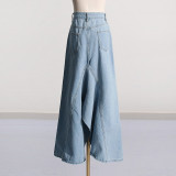 Retro denim skirt for women's spring new fashionable design with a high waisted front and back, wearing a split A-line skirt