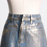 Spring new street trend style hot stamping design, high waisted slimming denim skirt, fashionable A-line skirt