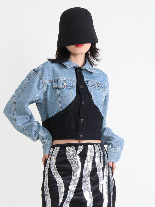 French retro denim jacket, spring new fashionable lapel splicing, single breasted long sleeved short jacket, women's trend