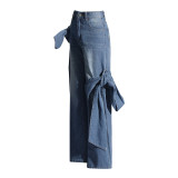 Spring New Retro Washed Old Spliced Bow Design with High Waist and Slim Straight Leg Jeans for Women