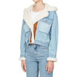European and American trendy blue denim lamb wool winter new patchwork personalized single breasted short jacket for women
