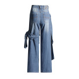 Spring New Retro Washed Old Spliced Bow Design with High Waist and Slim Straight Leg Jeans for Women