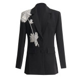 New Instagram Style Heavy Industry Nail Bead 3D Flower Splice Loose and Slim Elegant Suit Coat for Women