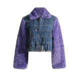 Winter new French fashion denim cotton jacket with patchwork fur design, short warm jacket for women