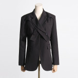 Spring new niche temperament commuting waist slimming black irregular cross necked women's suit jacket
