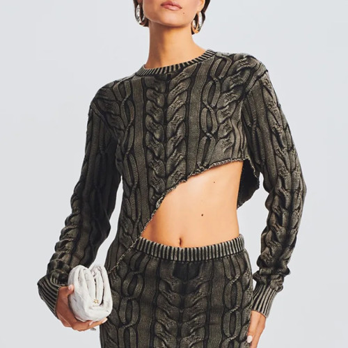Design Sense Washing Sweater Women's Spring and Autumn Women's New Fried Dough Twists Irregular Waist Pullover Knitted Top
