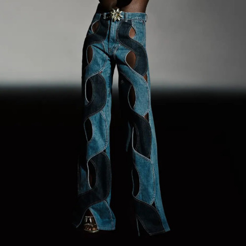 Small fashion design sense jeans for women in spring and autumn New style European and American fashion hollow color block straight Fried Dough Twists trousers