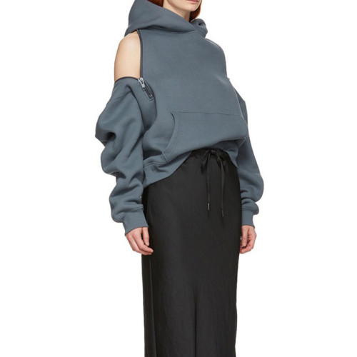 Australian Trendy Versatile Loose Top Spring New Zipper Caution Machine Off Shoulder Hooded Velvet Sweater Women's Trendy