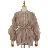 Elegant and niche design with a flip collar, long sleeved, personalized ruffled edge, long sleeved, waistband, solid color women's shirt