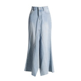 Retro denim skirt for women's spring new fashionable design with a high waisted front and back, wearing a split A-line skirt