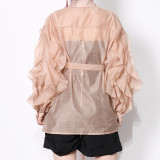 Elegant and niche design with a flip collar, long sleeved, personalized ruffled edge, long sleeved, waistband, solid color women's shirt