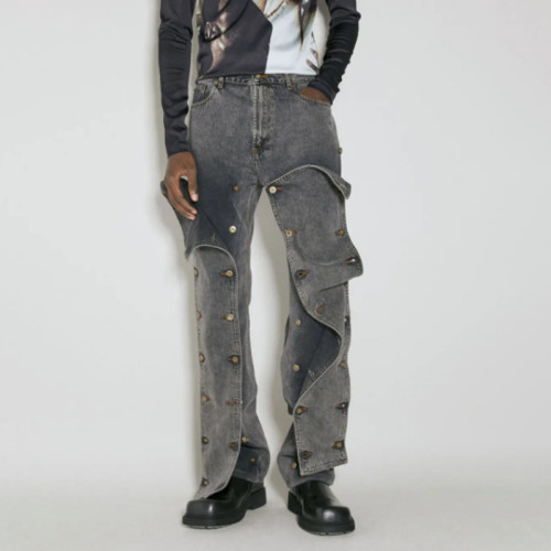 Spring New Street Trend Detachable Buckle Design with Irregular Jeans, High Waist, Slimming Long Pants