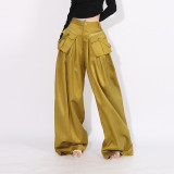 Spring New Fashionable Loose Wide Leg Pants with Folded Spliced Zipper Pocket Design for Straight Leg Casual Pants