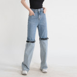 New fashionable contrasting color design with knee patchwork waistband design, straight leg high waisted jeans, long pants for women