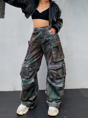Personalized Women's Wear Dirty Pants New Fashion Loose Multi Pocket Heavy Industry Graffiti Work Wear Denim Pants for Women