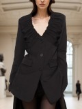Spring New Style Commuter Style Wrinkled V-neck Design Feels Slim and Slim with Waist Reduction Long sleeved Suit Coat