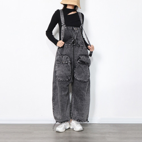 European and American style jumpsuit jeans for women, spring new loose version with large pocket design, personalized wide leg pants for women