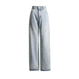 Spring New Heavy Industry Nail Bead Design Feeling Straight Tube Pants with High Waist, Slim and Fashionable Style, Versatile Denim Pants