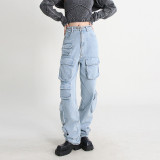 Personalized Street Wash Jeans 2024 Spring and Autumn New Workwear Multi Bag Splicing Loose and Fashionable Casual Long Pants