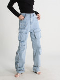 Personalized Street Wash Jeans 2024 Spring and Autumn New Workwear Multi Bag Splicing Loose and Fashionable Casual Long Pants