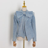 European and American runway style denim clothing, new patchwork three-dimensional bow fashion trend, distressed denim top for women